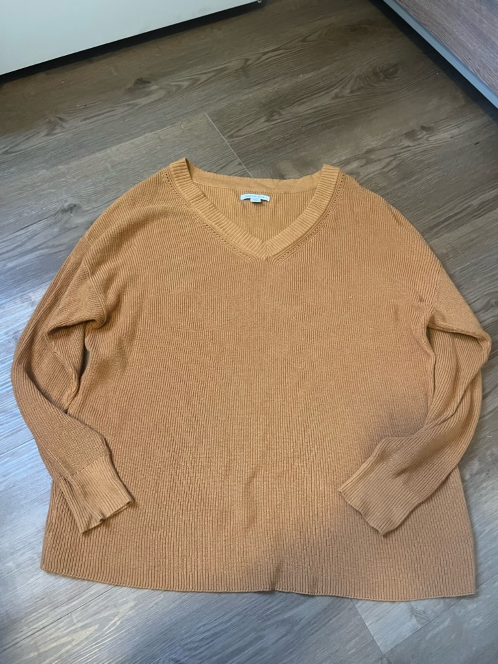 American Eagle V-Neck Lightweight Knit Sweater in Camel